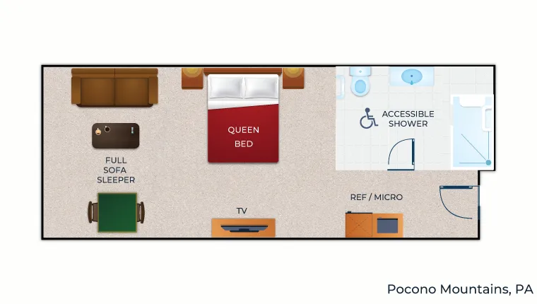 The floor plan for the accessible Queen Sofa Suite(Shower) 